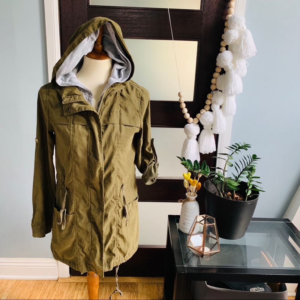 Olive green and gray lightweight utility jacket.